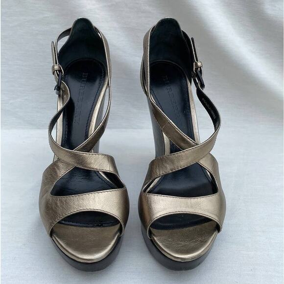Burberry Abbot Gold Metallic Leather Peep Toe Crisscross Strap Wedge Sandal 39 - Picture 3 of 15